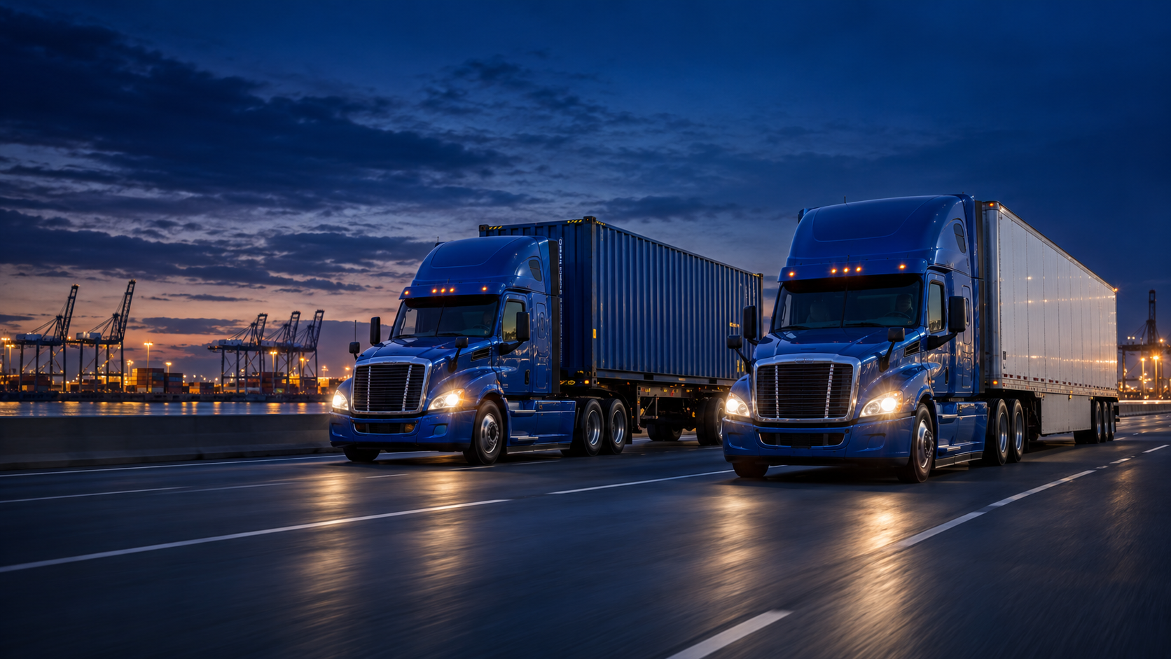 Dry van and container drayage trucks at dusk